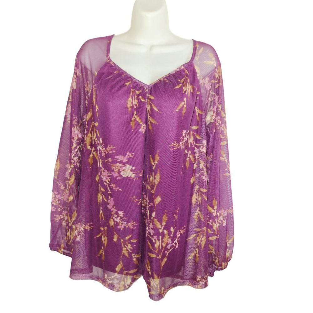 Terra & Sky Purple Gold Floral Mesh church Blouse nwt 1X soft business casual